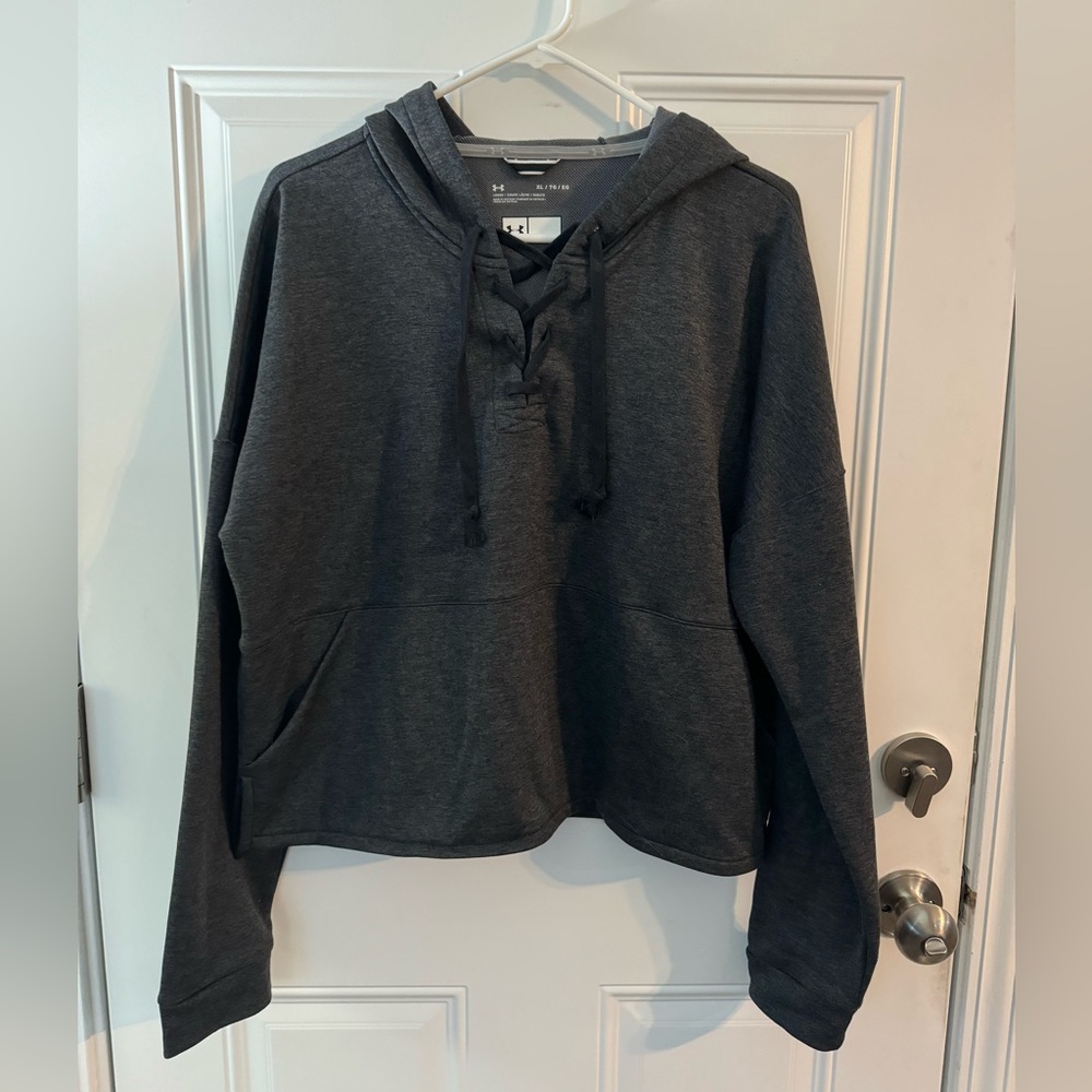 Under Armour Hoodie Sweatshirt Women’s XL X-Large Carbon Gray/Black EUC! Tie Up